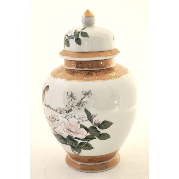 GINGER JAR/JAPAN-Cherry Blossoms-Bird-Gold Tone Trim-Cream Color-Lid-Shelf Decor - Picture 2 of 14